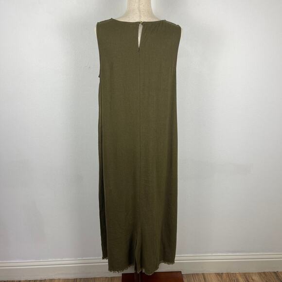 Liz Claiborne Olive Green Sleeveless Tank Midi Dress Pockets Linen Womens Medium - Picture 2 of 12